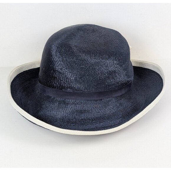 Jack McConnell Boutique Vintage Blue White Straw Hat Bow Asymmetrical Brim Derby